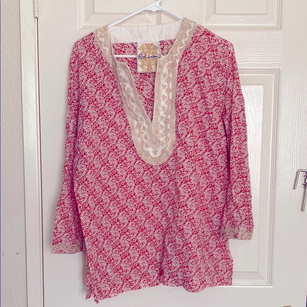 Robert Graham Red ,Cream and Tan Embellished Tunic Size XL Women